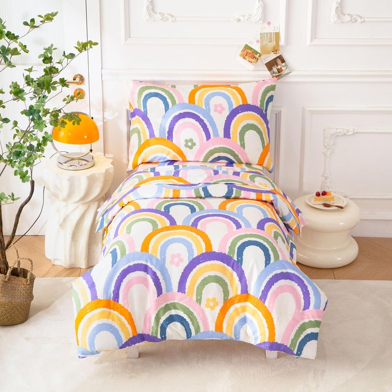 SDIII 4 Piece Rainbow Toddler Bedding Set, Soft Microfiber Toddler Bed Princess Bedding Set with Comforter, Fitted Sheet, Flat Sheet and Pillowcase - Image 1